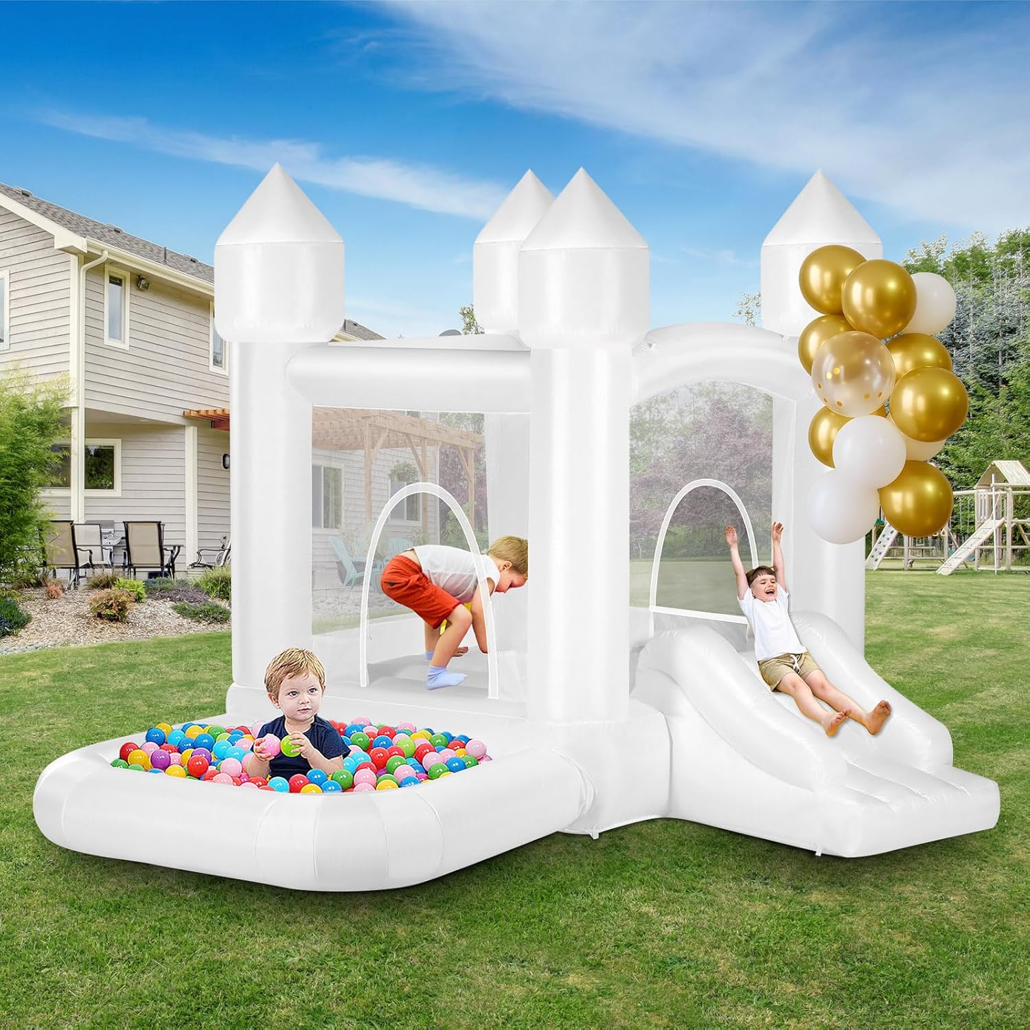 Kids Outdoor Bounce House - Kids White Bounce House with Ball