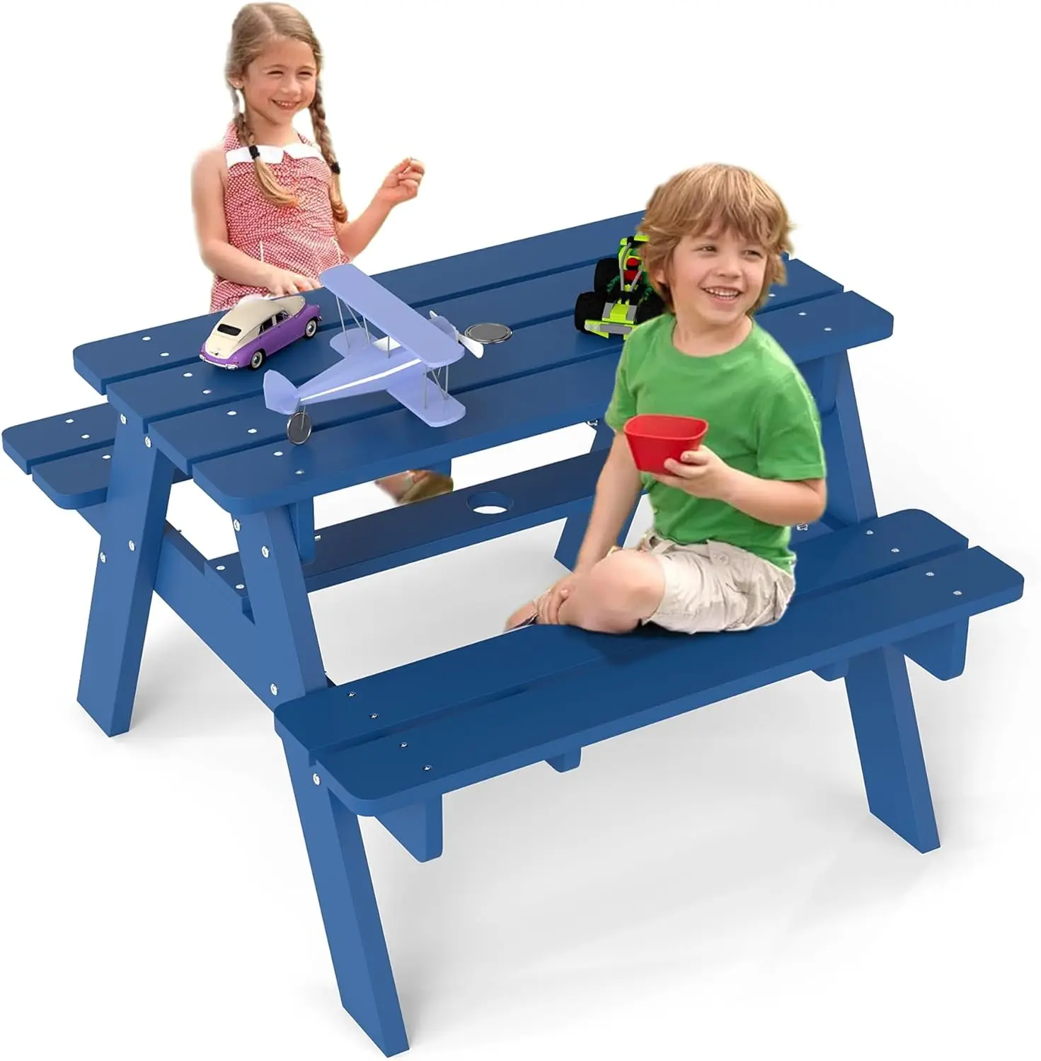 Kids Outdoor Table And Chairs With Umbrella - Kids Picnic Table, HDPE All Weather