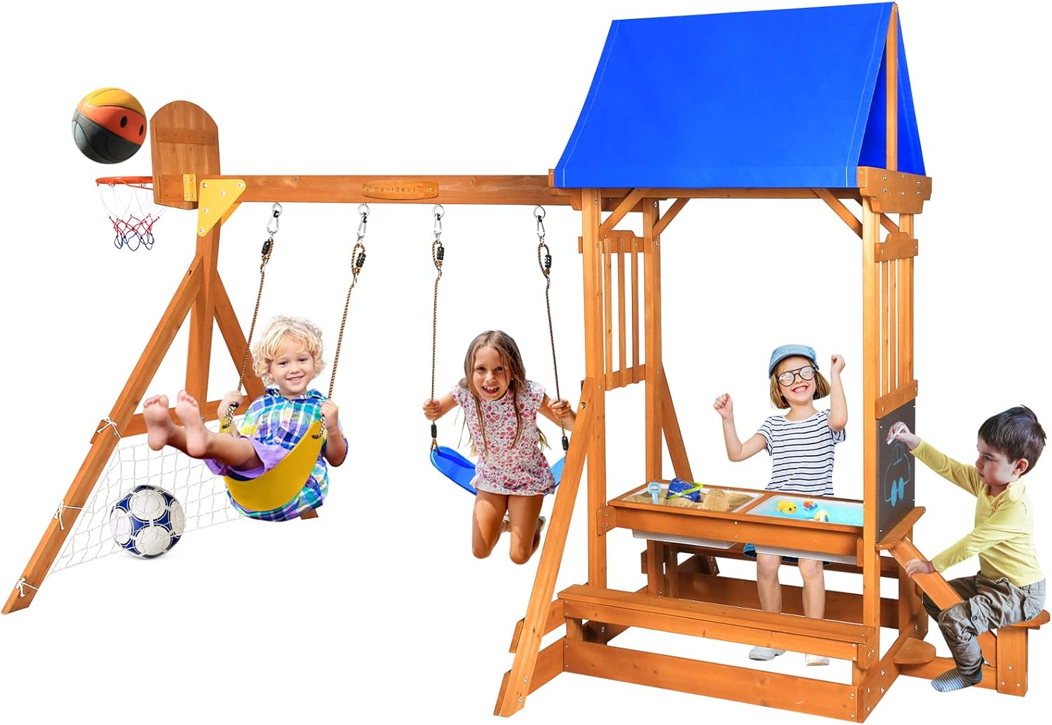 Kids Outdoor Wooden Table - 6-in-1 Wooden Playground Playsets for Backyards,