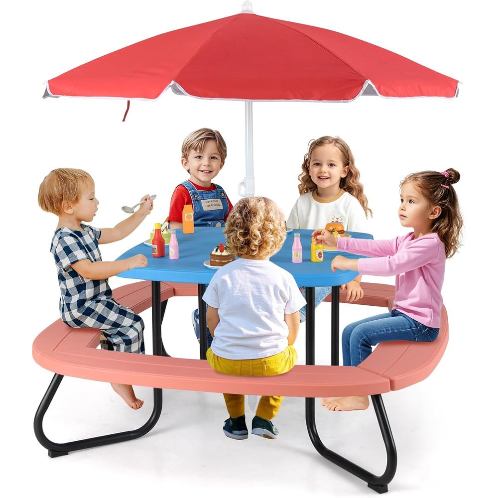 Kids Outdoor Table And Chairs With Umbrella - Kids Picnic Table, 8 Person Toddler