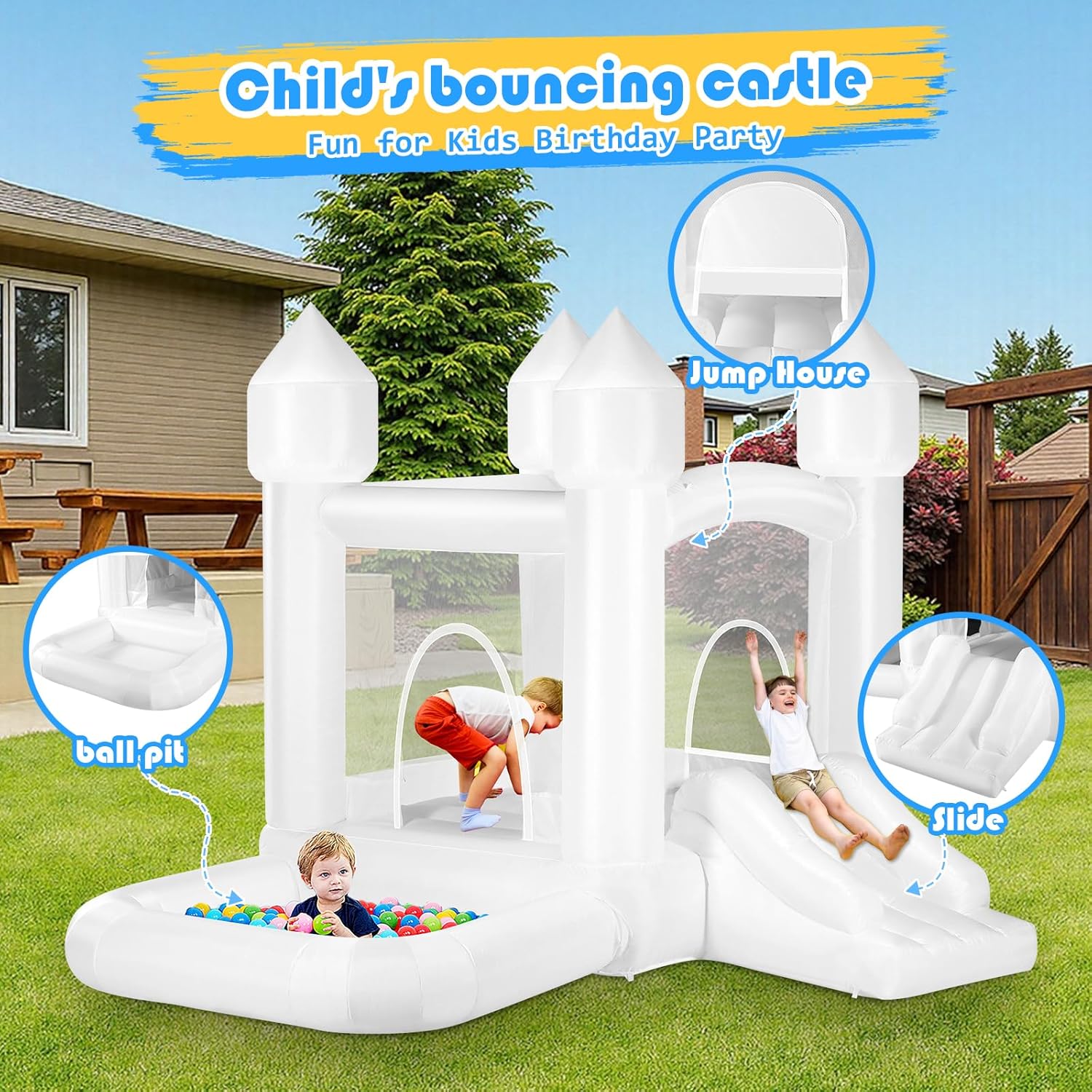 Kids White Bounce House with B - Kids Outdoor Bounce House recension och pris