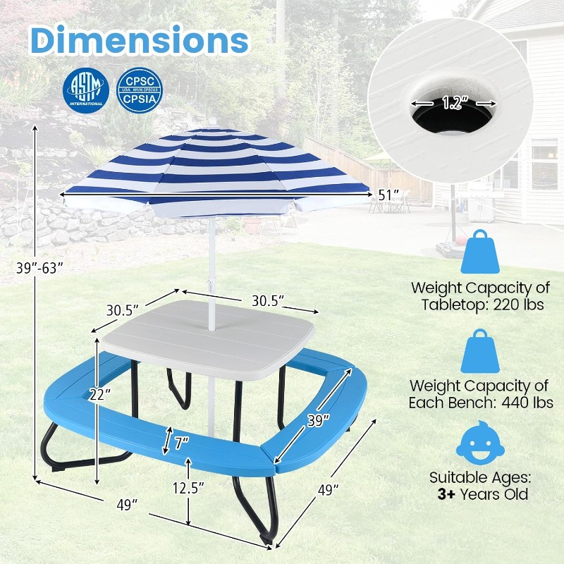 Costzon Kids Picnic Table, Kid - Kids Outdoor Table And Chairs With Umbrella recension och pris