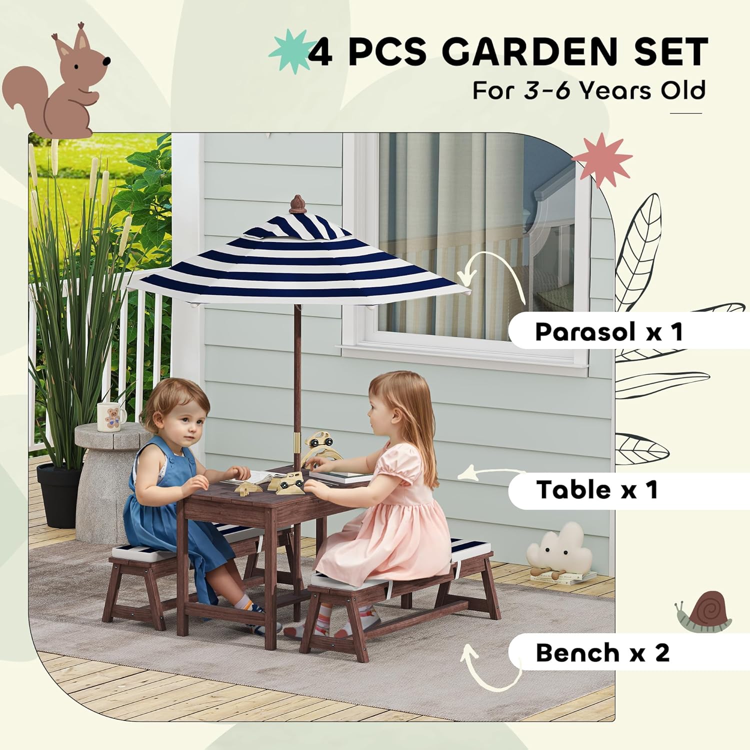 Wooden Kids Picnic Table & Ben - Kids Outdoor Bench With Umbrella recension och pris